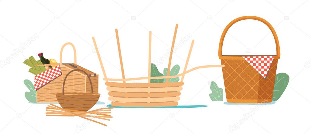 Wicker Picnic Baskets Isolated on White Background. Handmade Hampers of Natural Materials Willow, Straw, Dry Grass