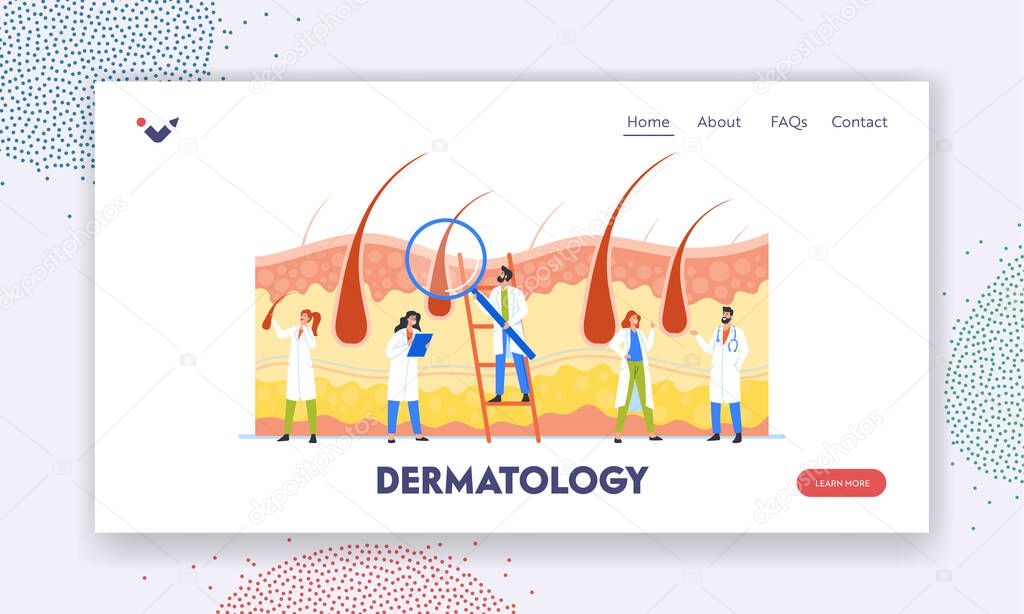 Dermatology Landing Page Template. Consultation with Trichologist. Tiny Doctors Dermatologists or Cosmetologists