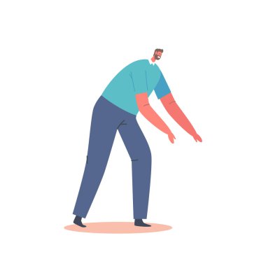 Mature Positive Man Bend Over, Single Male Character Wear Blue T-shirt and Trousers Isolated on White Background