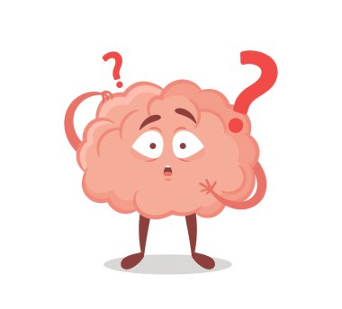 Cartoon Brain Character with Question Mark Isolated on White Background. Concept of Thinking Process, Asking, Faq, Quiz