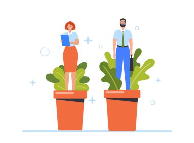 Staff Develop Skills, Business Woman and Man Grow in Flower Pots, Concept of Self Improvement and Development, Career