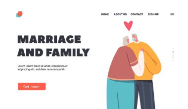 Aged People Marriage and Family Landing Page Template. Loving Aged Couple Man and Woman Holding Hands Hugging, Embracing