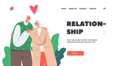 Happy Relationship Landing Page Template. Old Man and Woman Embracing and Hugging. Loving Elderly Couple Characters