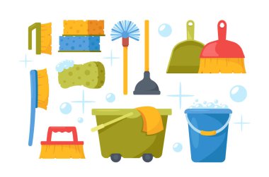 Set of Cleaning Service Equipment Isolated on White Background. Supplies for Washing Room. Janitor Cart, Maid Tools
