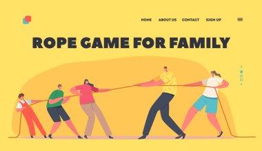 Rope Game for Family Landing Page Template. Mom, Dad and Children Characters Tear Rope, Tug of War Competition, Sports