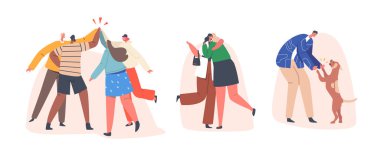 Male and Female Characters Greeting Each Other, Saying Hello in Different Manners. Various Hi Gestures, Beating Hands