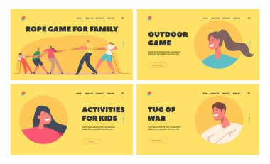 Rope Game for Family Landing Page Template Set. Mom, Dad and Children Characters Tear Rope, Tug of War Competition