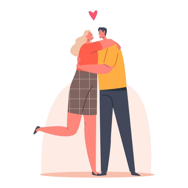 Happy Man and Woman Embracing and Hugging. Loving Couple Romantic Relations. Lovers Characters Dating, Love, Connection — стоковый вектор