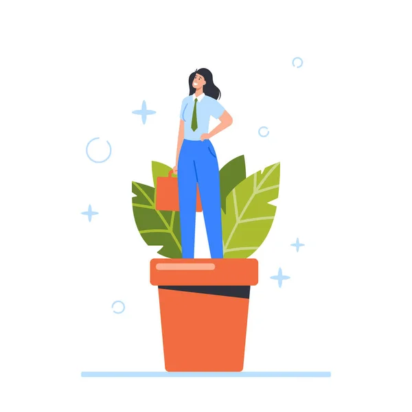 Growing Talent Concept. Female Character Business Woman Grow in Pot. Personal Development, Grow in Plant Pot, Training — Archivo Imágenes Vectoriales