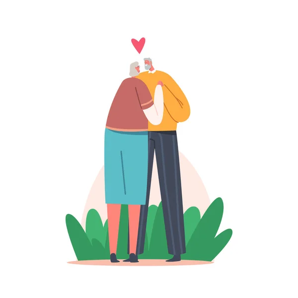 Loving Aged Couple Man and Woman Holding Hands Hugging, Embracing (en inglés). Relación de personas mayores felices, sentimientos románticos — Archivo Imágenes Vectoriales