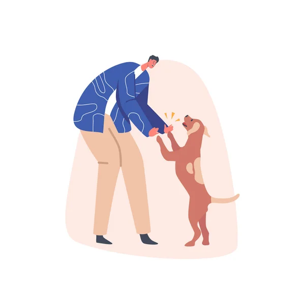 Masculino Caracter Holding Dog Paws, Propietario Conoce a Mascotas después del Trabajo en Casa. Hombre Feliz Saludo Mascotas Tener Ocio, Amistad — Vector de stock