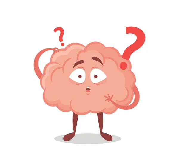 Cartoon Brain Character with Question Mark Isolated on White Background. Concept of Thinking Process, Asking, Faq, Quiz — Stockový vektor