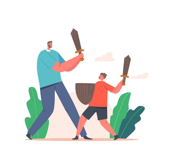 Father and Son Fighting on Wooden Swords, Happy Family Characters Playing in Knights Outdoors. Dad and Boy Fooling — Stockvector