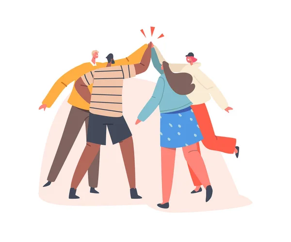 Characters Team Celebrate Triumph. Men and Women Feeling Positive Emotions Giving Highfive to Each Other, Achievement — Archivo Imágenes Vectoriales