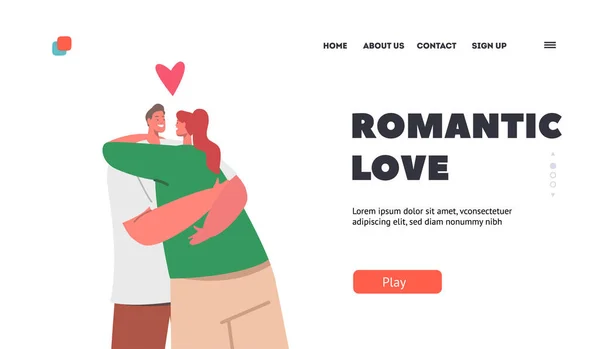 Romantic Love Landing Page Template. Male and Female Characters Hugging. Loving Couple Relations. Man and Woman Embrace — стоковый вектор