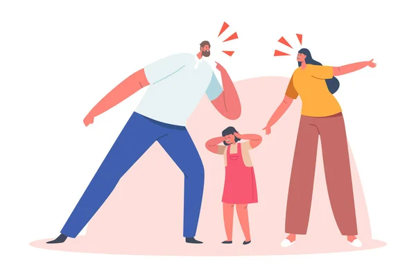 Angry Parents Figure Out Relations, Frightened Child Cover Ears Stand between them. Mother and Father Characters Yell — Archivo Imágenes Vectoriales