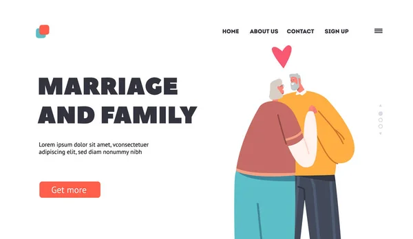 Aged People Marriage and Family Landing Page Template. Loving Aged Couple Man and Woman Holding Hands Hugging, Embracing — стоковый вектор