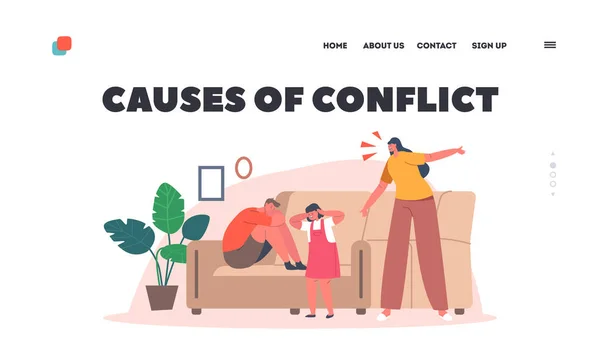 Causes of Conflict Landing Page Template. Family Characters Mother, Son and Daughter, Woman Blaming and Scolding Kids — 图库矢量图片