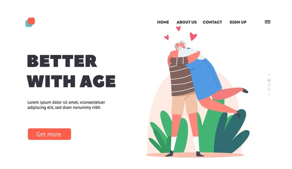 Happy Elderly Characters Hugging Landing Page Template. Loving Aged Couple Romantic Relations. Senior Man Woman Embrace — ストックベクタ