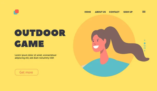 Outdoor Game Landing Page Template. Brown Haired Woman Smiling. Outdoors Activities, Leisure, Recreation, Healthy Life — Stockvektor