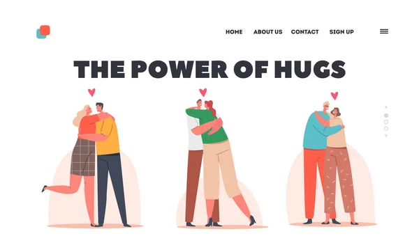 The Power of Hugs Landing Page Template. Loving Couples Romantic Relations. Happy Men and Women Embracing, Hugging — Vetor de Stock