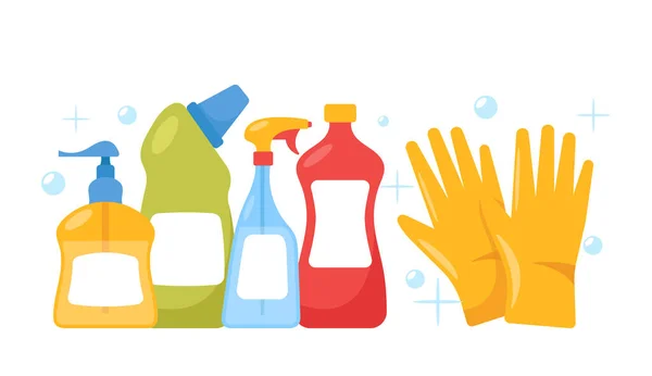 Detergent Bottles and Rubber Gloves for Cleaning and Washing Housekeeping Works. Janitor Service Equipment, Maid Tools — Vetor de Stock