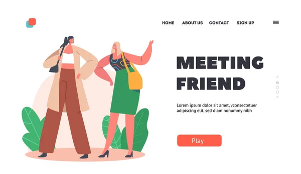 Meeting Friend Landing Page Template. Characters Greeting with Elbows. Friends or Colleagues Noncontact Greet — Stockový vektor