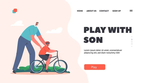 Dad Play with Son Landing Page Template. Parenting, Fatherhood Concept. Caring Dad Teaching Son to Ride Bike — Vettoriale Stock