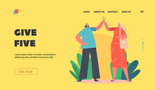 Happy Women Giving High Five Landing Page Template. Girl Friends Greeting or Support Each Other. Characters Hi Gesture — Vettoriale Stock