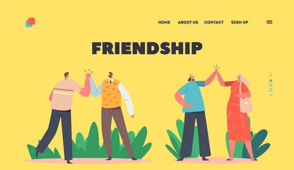 Friendship Landing Page Template. Informal Greetings, Happy People Giving High Five. Cheerful Friends or Colleagues Joy — Stock Vector