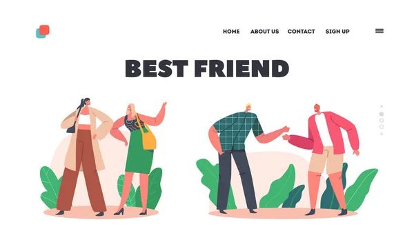 Best Friend Landing Page Template. Men and Women Beating Fists and Elbows. Male Female Characters Agree, Greeting — ストックベクタ