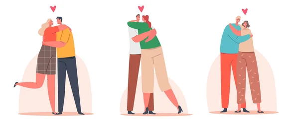 Loving Couples Hug, Romantic Relations Concept. Happy Men and Women Embracing and Hugging. Male Female Characters Love — Stockvector