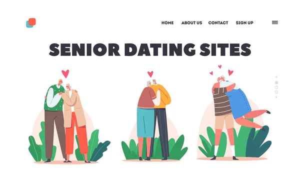 Senior Dating Sites Landing Page Template. Loving Couples Hug, Happy Old Men or Women Embracing, Holding Hands, Hugging — Vector de stock