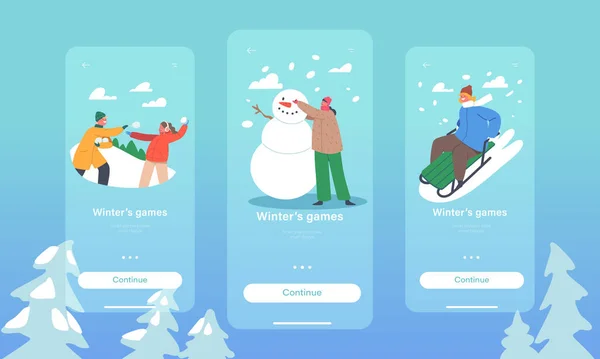 Winter Games Mobile App Page Onboard Screen Template. Happy Kids Making Snowman, Playing Snowballs and Sliding — Vettoriale Stock