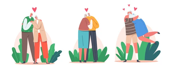 Loving Senior Couples Hug, Romantic Relations Concept. Happy Old Men and Women Embracing, Holding Hands and Hugging — Stockvector