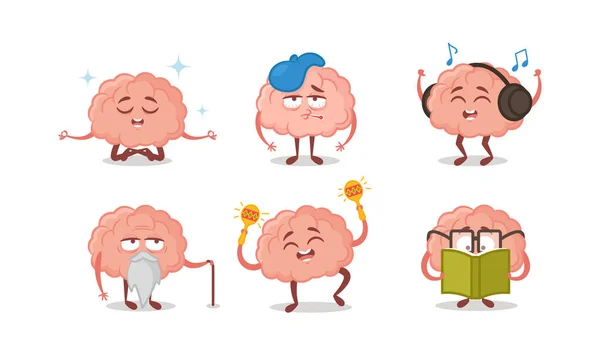 Set of Icons Cartoon Human Brain, Funny Mascots Meditate, Suffer of Headache, Listening Music with Headset, Dance — Stockvektor