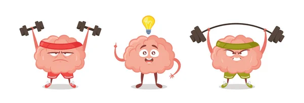 Set of Icons Cartoon Human Brain Workout with Barbells and Dumbbells, Having Creative Idea or Insight with Light Bulb — Stockvektor