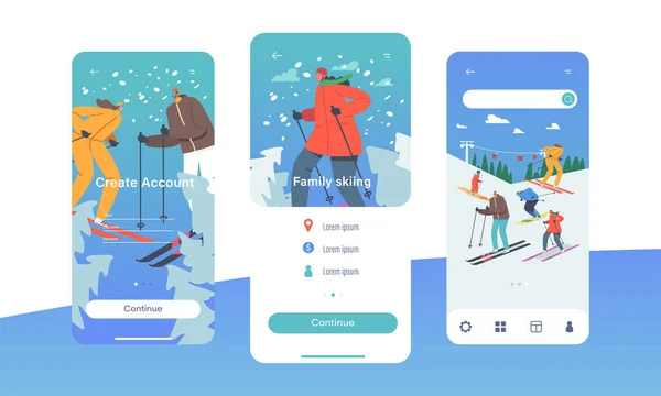 Family Skiing Mobile App Page Onboard Screen Template. Happy Characters Riding Skis by Snow Slopes on Winter Resort — Vetor de Stock