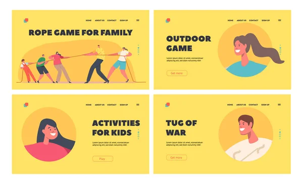 Rope Game for Family Landing Page Template Set. Mom, Dad and Children Characters Tear Rope, Tug of War Competition - Stok Vektor