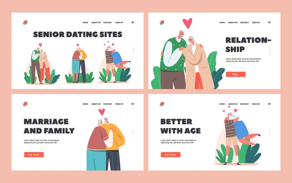 Senior People Relations Landing Page Template. Loving Couples Hug, Happy Old Men or Women Embracing, Holding Hands — Image vectorielle