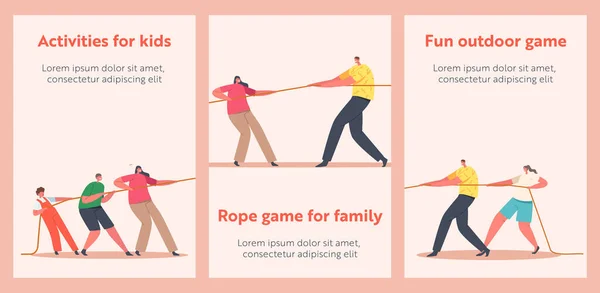 Family Sports Activity Cartoon Banners. Mom, Dad and Children Characters Tear Rope, Tug of War Competition —  Vetores de Stock