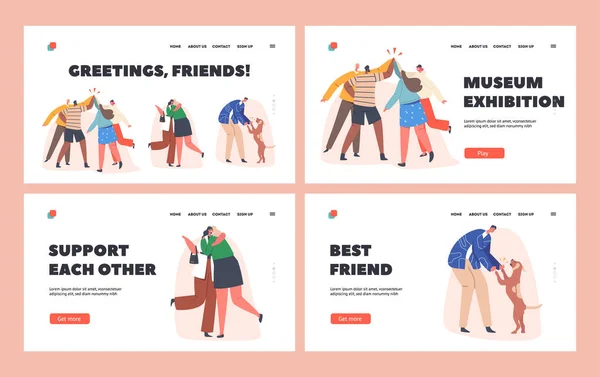 Greetings Friends Landing Page Template Set. Characters Saying Hello in Different Manners. Various Hi Gesture Beat Hands — Vetor de Stock