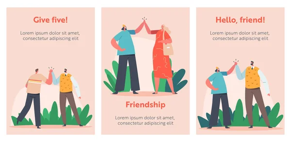 Friendship, Highfive, Cartoon Banners. Informal Greetings, Happy People Giving High Five Cheerful Friends and Colleagues —  Vetores de Stock