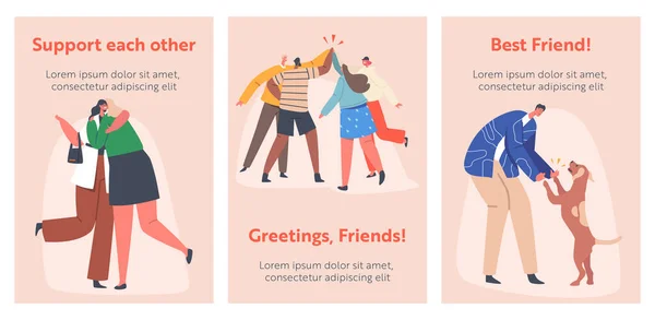 Greetings Cartoon Banners. Characters Greeting Each Other, Say Hello in Different Manners. Various Hi Gestures, Hugging — Wektor stockowy