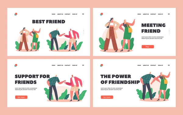 Best Friend Landing Page Template Set. Men and Women Beating Fists and Elbows. Male Female Characters Agree, Greeting — Stock Vector