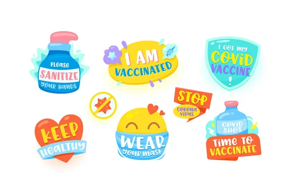 Set of Icons Please Sanitize Hands, I am Vaccinated, I Got Covid Vaccine, Keep Healthy, Wear Mask, Stop Corona Virus — Stock Vector