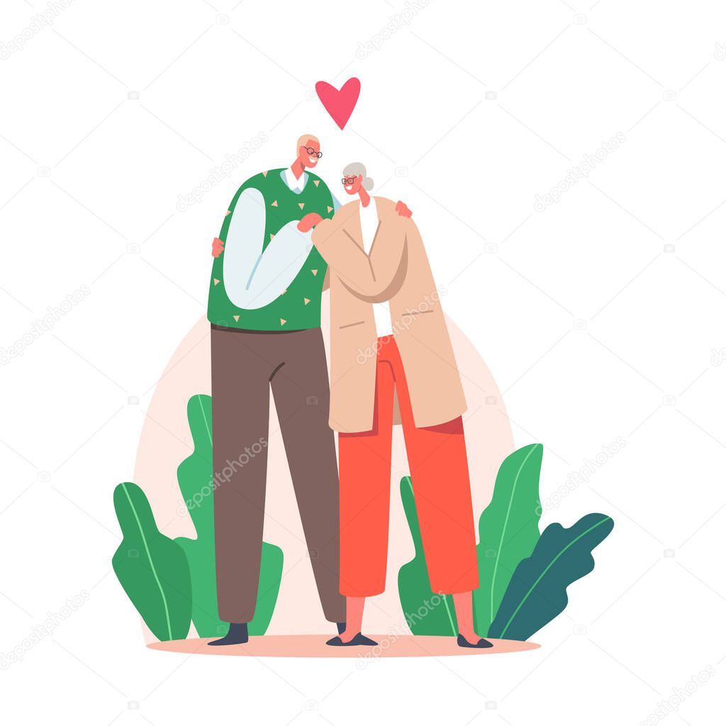 Happy Old Man and Woman Embracing and Hugging. Loving Elderly Couple Romantic Relations. Aged Characters Dating
