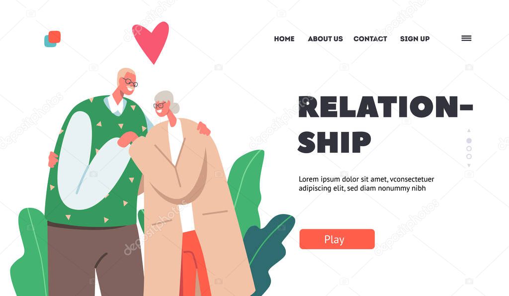 Happy Relationship Landing Page Template. Old Man and Woman Embracing and Hugging. Loving Elderly Couple Characters