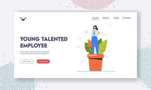 Young Talented Employee Landing Page Template. Growing Talent Concept. Female Character Business Woman Grow in Pot — Image vectorielle