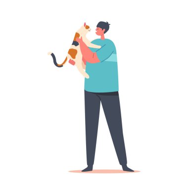 Çocuk kucaklaşması ve kucaklaması komik kedi, çocuk karakteri evcil hayvanla oynuyor, tatlı kedi ellerini beyaz ellerle izole ediyor